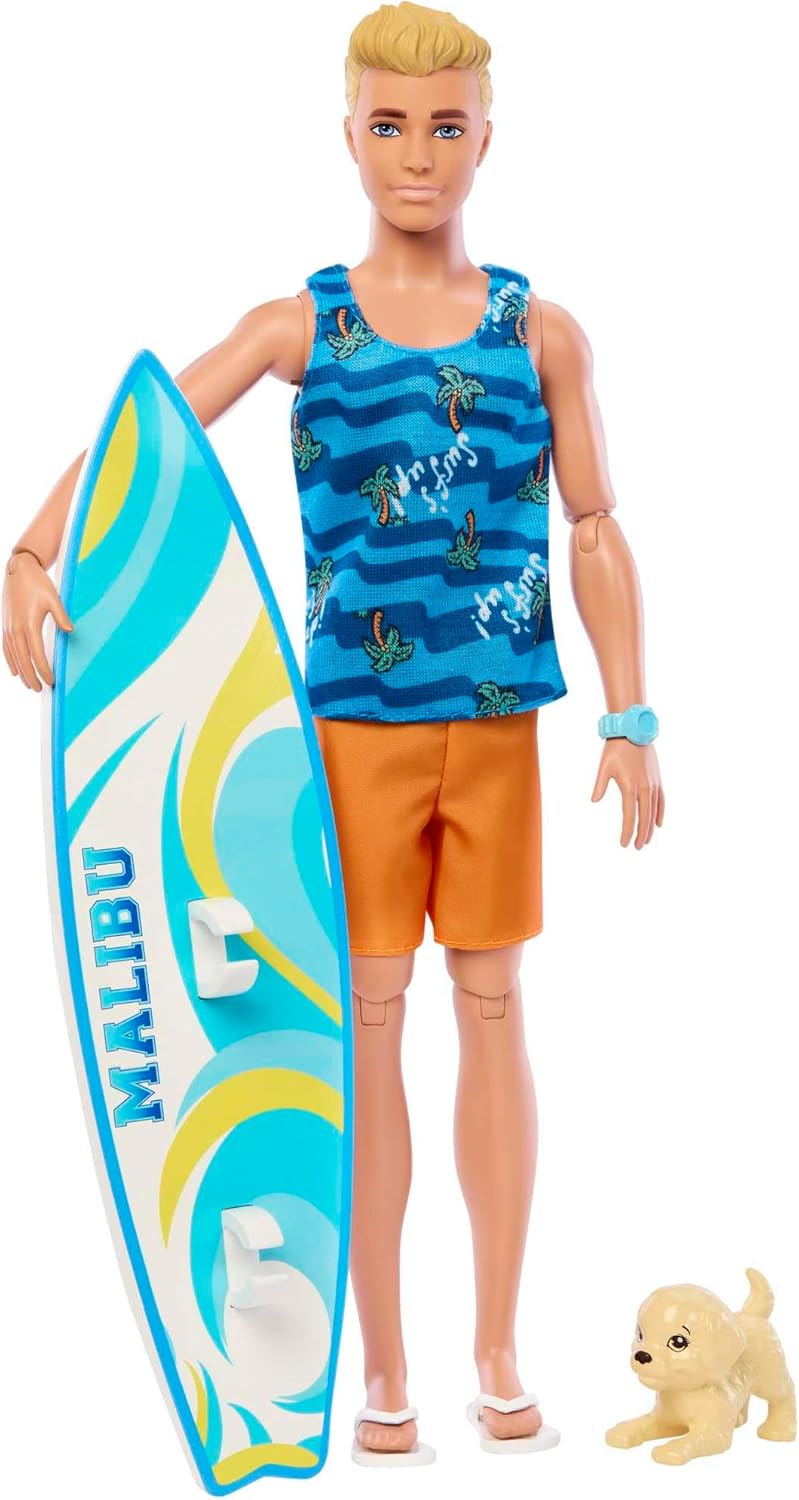 Barbie Ken Doll with Surfboard and Pet Puppy HPT50