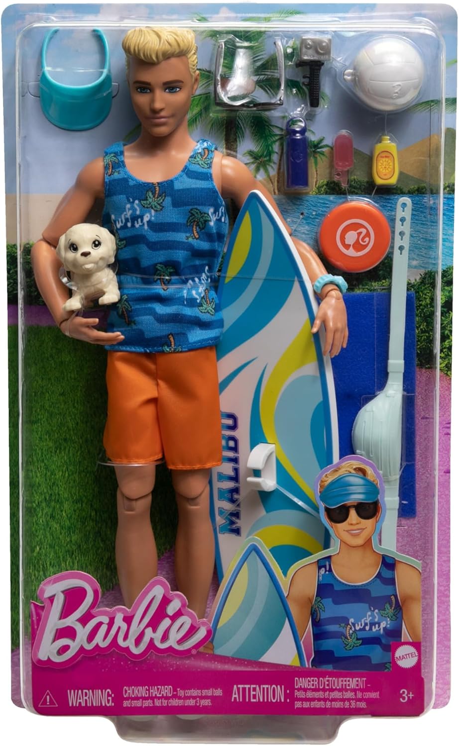 Barbie Ken Doll with Surfboard and Pet Puppy HPT50