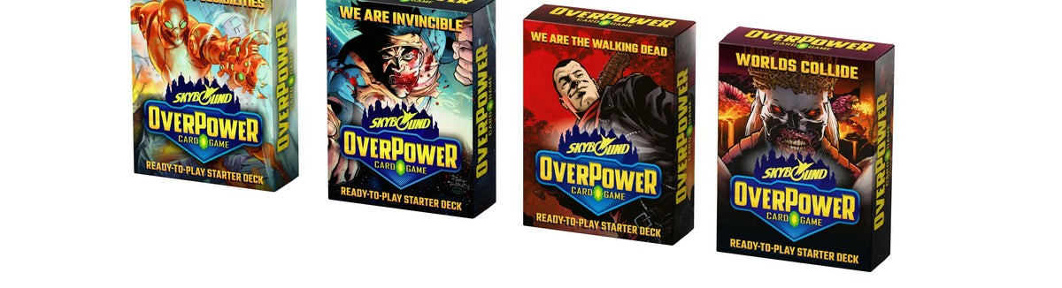 OverPower TCG Skybound Starter Deck Display - the four deck designs (Limitless Possibilities, We Are Invincible, We Are The Walking Dead, Worlds Collide)